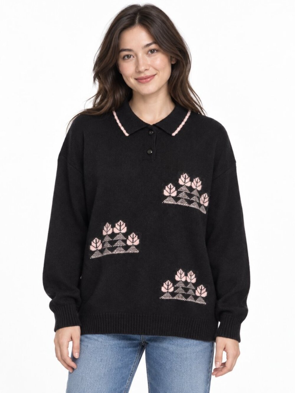 Vintage Italian Pimet Maglieria Wool Blend Knit Polo Sweater Black Pink Leaf Mot